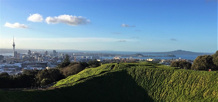 Auckland sky tower and rangitoto volcano in distance from above